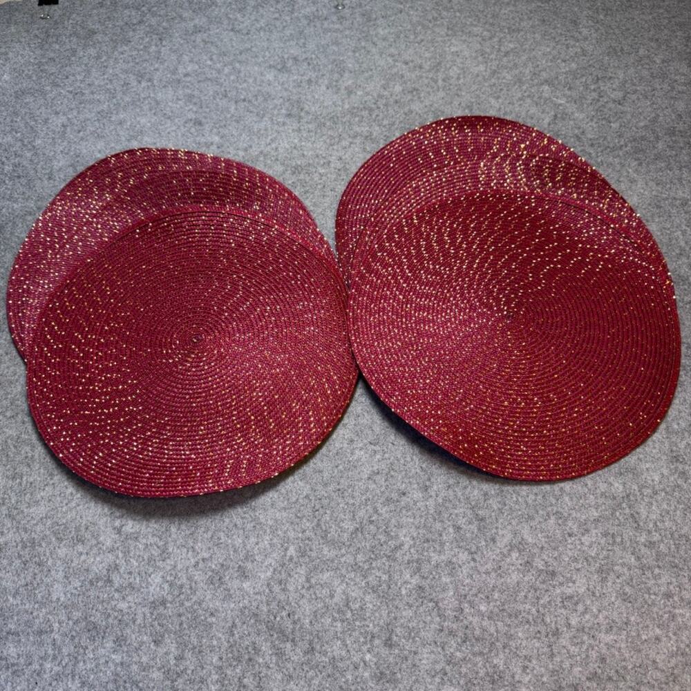Set of 8 Red Gold Metallic Round Woven Placemats 15" Holiday Christmas